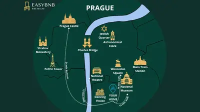 a map of prague with its landmarks at Classy Loft Apartment in the City Center of Prague in Prague