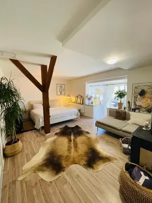 a bedroom with a bed and a fur rug on the floor at Flat with heart and art nearby centre of the Prague in Prague