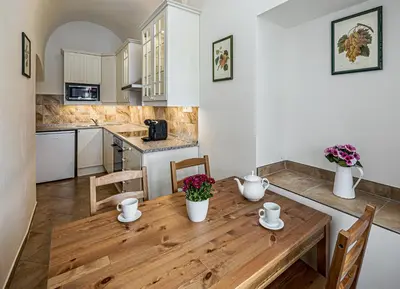 a kitchen and dining room with a wooden table and chairs at Penzion Popelka in Roudnice nad Labem