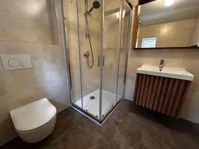 a bathroom with a shower and a toilet and a sink at Cosy chalet with wellness in Mirošovice