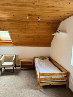 a bed and a chair in a room with wooden ceilings at Rodinný dům Poděbrady in Poděbrady