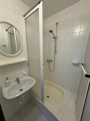 a white bathroom with a sink and a shower at Rodinný dům Poděbrady in Poděbrady