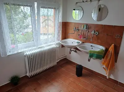 a bathroom with two sinks and a window at Bruno in Postřižín