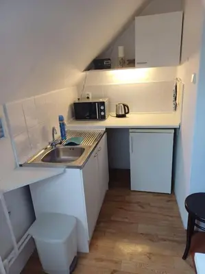 a small kitchen with a sink and a microwave at Bruno in Postřižín