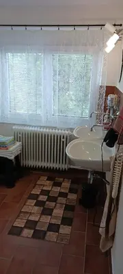 a bathroom with two sinks and a radiator and a window at Bruno in Postřižín