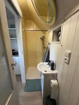 a small bathroom with a sink and a shower at Maringotka u lesa in Staňkovice