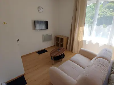 a living room with a white couch and a table at Pension Nad Zlichovem in Prague