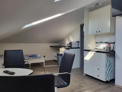 a kitchen with a table and chairs in a room at Komárov Apartment in Beroun