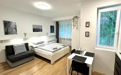 a bedroom with a bed and a desk and a chair at Hillside Studios in Prague