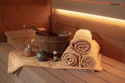 a towel sitting on a table in a sauna at U Prejzků in Lhotka