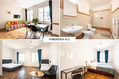 a collage of photos of a bathroom and a living room at Hybernska Apartments by Pragueforyou in Prague