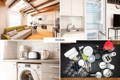 a collage of photos of a kitchen and a living room at Hybernska Apartments by Pragueforyou in Prague