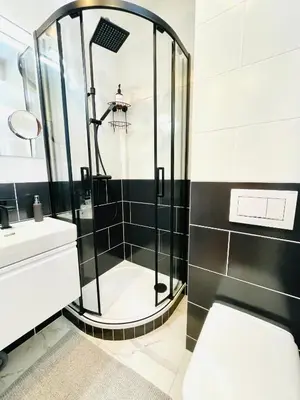 a bathroom with a shower and a sink at PB apartment Prague in Prague