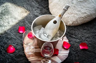 a bottle of wine in a bucket with wine glasses at Golden River Apartment in Prague