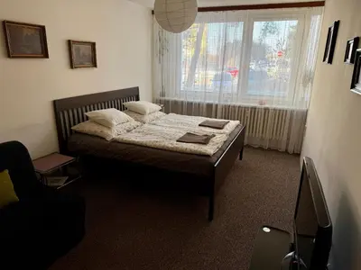 a bedroom with a bed and a window at Apartmán Kamýk in Prague