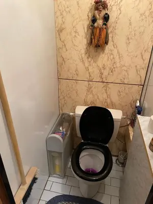 a small bathroom with a toilet with a black seat at Apartmán Kamýk in Prague