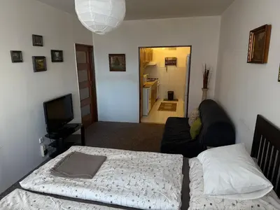 a living room with a couch and a bed at Apartmán Kamýk in Prague