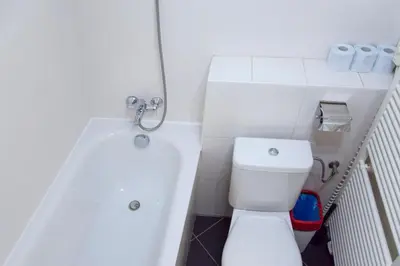a white bathroom with a toilet and a bath tub at Modern Apartments Opatovická in Prague