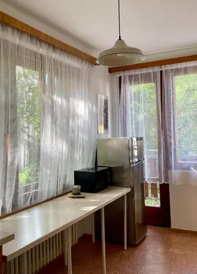 a kitchen with a table and a refrigerator and windows at Apartment s terasou Lysá in Lysá nad Labem