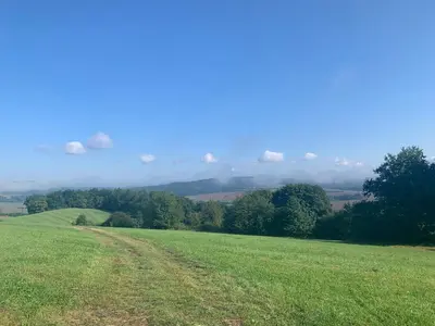 a field of green grass with a dirt road at Chata Mareš in Samechov