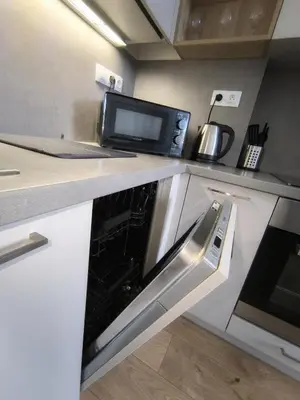 a kitchen with a dishwasher and a microwave at Isabel's Suites in Prague