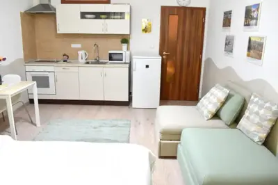 a living room with a couch and a kitchen at Prague City Centre Apartment in Prague