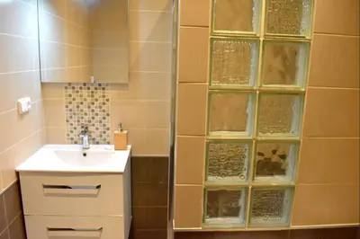 a bathroom with a sink and a glass wall at Prague City Centre Apartment in Prague
