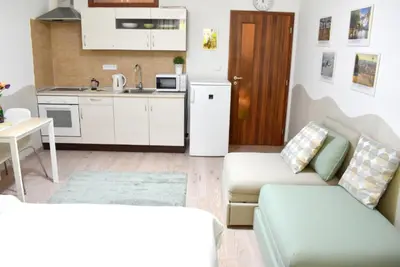 a living room with a couch and a kitchen at Prague City Centre Apartment in Prague