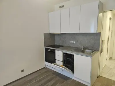 a kitchen with white cabinets and a sink at Prague Centre Luxury Apartment & Parking in Prague