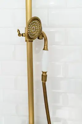 a brass shower head with a hose at Romantický apartmán se starožitným interiérem in Mořina