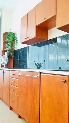 a kitchen with a fish tank on the counter at Green Studio Praha 2 l Ground floor Free PARKING in Prague