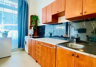 a kitchen with a sink and a washing machine at Green Studio Praha 2 l Ground floor Free PARKING in Prague
