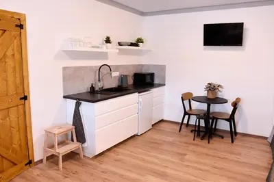 a kitchen with a sink and a table at PENZION u Restaurace Na Koreji in Štětí