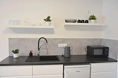 a kitchen counter with a sink and a microwave at PENZION u Restaurace Na Koreji in Štětí