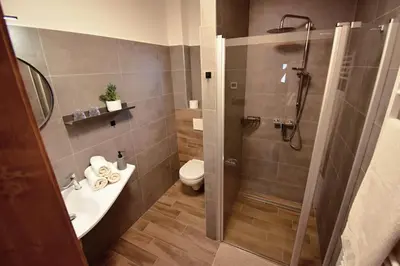 a bathroom with a shower and a sink and a toilet at PENZION u Restaurace Na Koreji in Štětí