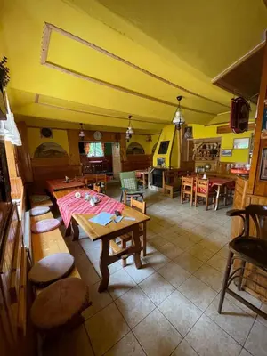 a dining room with wooden tables and chairs at Hostinec- Pension U Havlů in Třebenice
