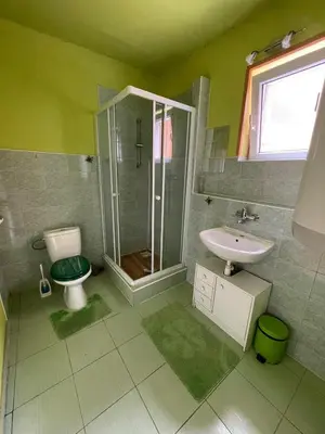 a bathroom with a shower and a toilet and a sink at Hostinec- Pension U Havlů in Třebenice