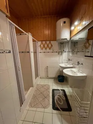 a bathroom with a toilet and a sink and a shower at Hostinec- Pension U Havlů in Třebenice