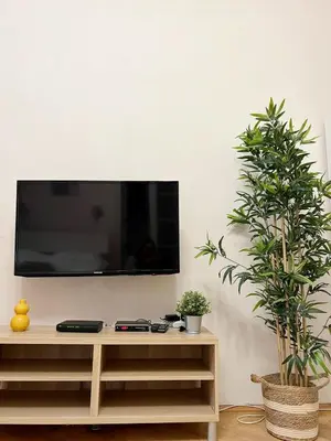 a living room with a tv on a white wall at Modern Apartment Krakovska in Prague