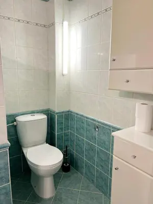 a bathroom with a white toilet and green tiles at Modern Apartment Krakovska in Prague
