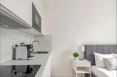 a kitchen with a sink and a couch in a room at Apartman Namesti Miru in Prague