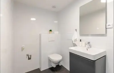 a white bathroom with a toilet and a sink at Apartman Namesti Miru in Prague