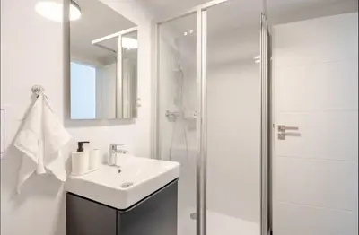 a white bathroom with a sink and a shower at Apartman Namesti Miru in Prague