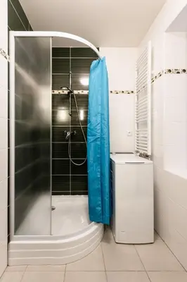 a shower with a glass door in a bathroom at Spacious apartment in quiet courtyard near Charles Bridge in Prague