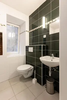 a bathroom with a toilet and a sink at Spacious apartment in quiet courtyard near Charles Bridge in Prague