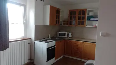a small kitchen with a stove and a microwave at Ubytování Ždírec - Apartmán 1 in Ždírec