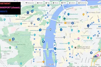 a screenshot of a google map with circledpoints at Cozy apartment with garage in Prague
