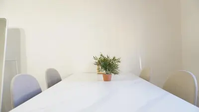 a white table with a potted plant on it at Flat with Balcony and Garage in Prague