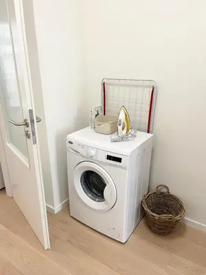 a washing machine in a corner of a room at Cozy Atmos Apartments in Prague