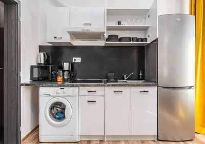 a kitchen with a washing machine and a washer at Crimson Charm in Prague